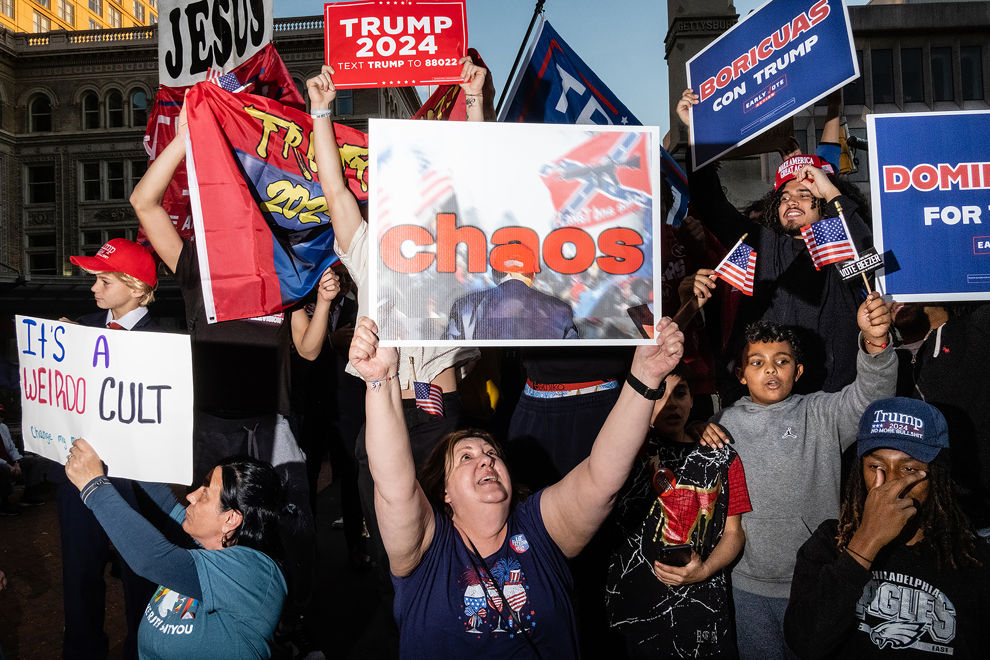 Pro and anti Trump demonstrators outside a Trump rally, Lancaster PA, 10/20/24