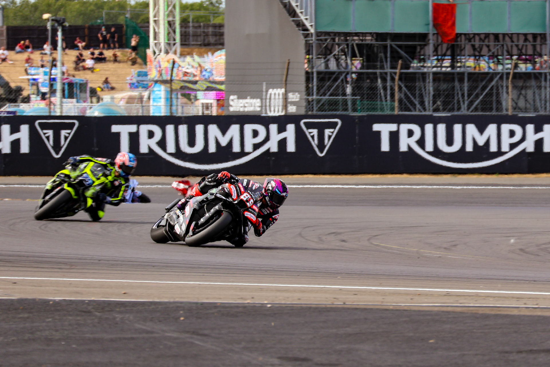 Jorge Martin at the front of the pack at the 2026 British MotoGP Sprint Race.