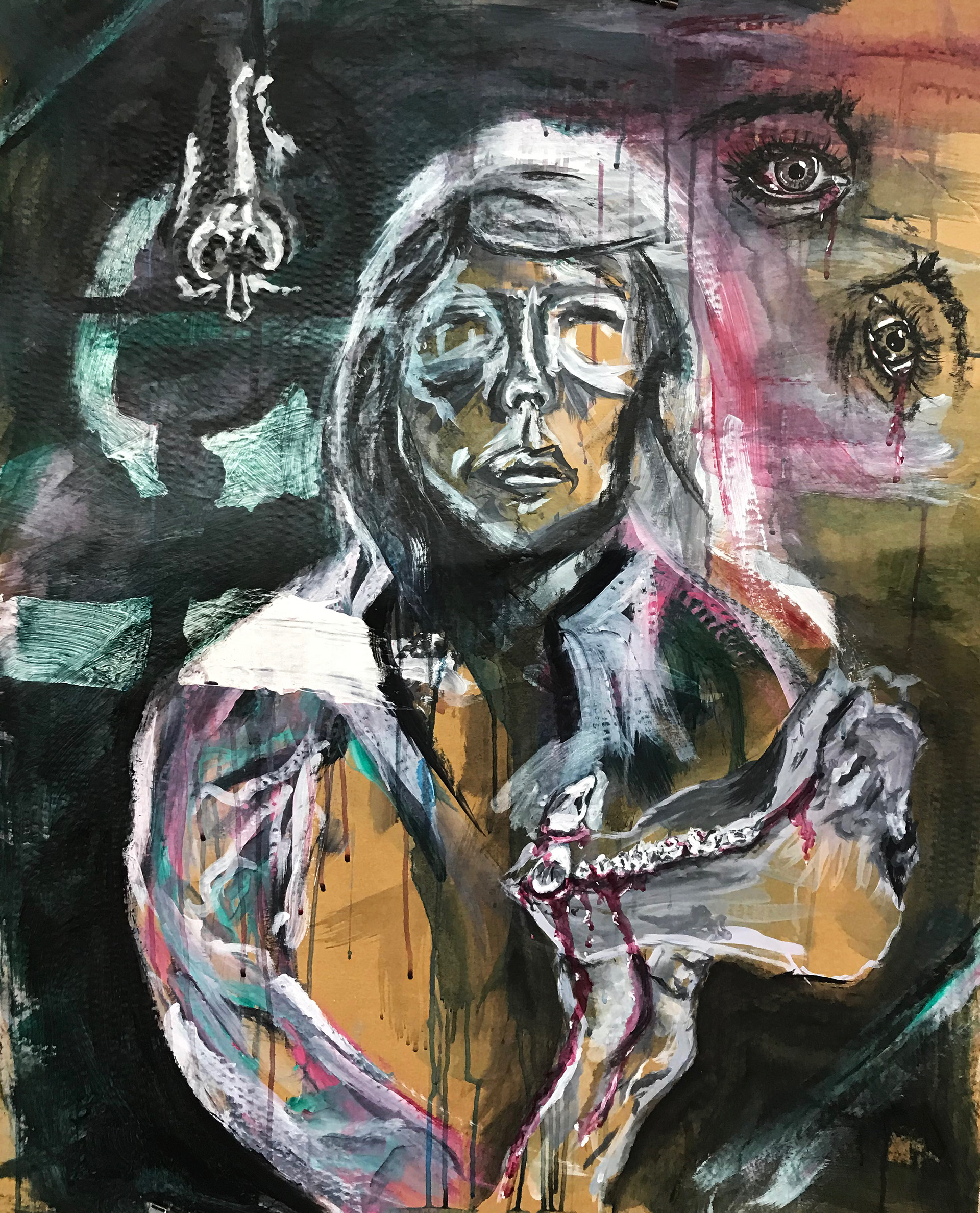 Mirrored (2019); acrylic and charcoal on cardboard