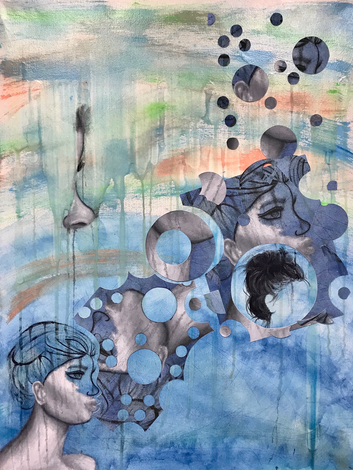 Dissipate (2019); oil, acrylic, gloss medium, and print media on canvas 