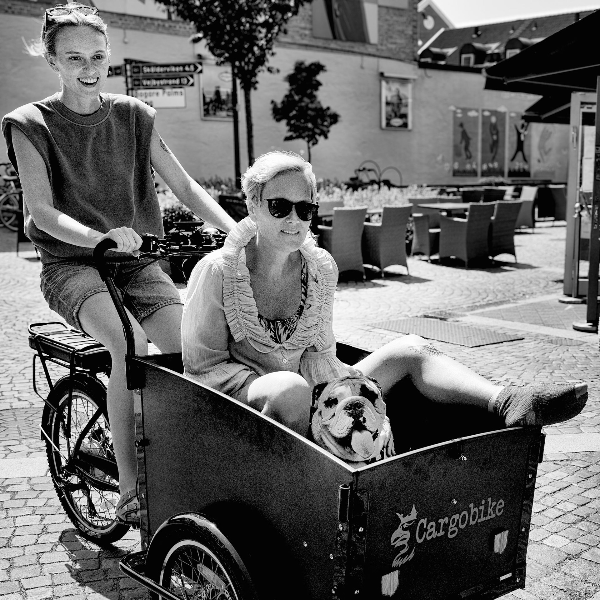 They came down the road with a big laugh. The dog had a great time.