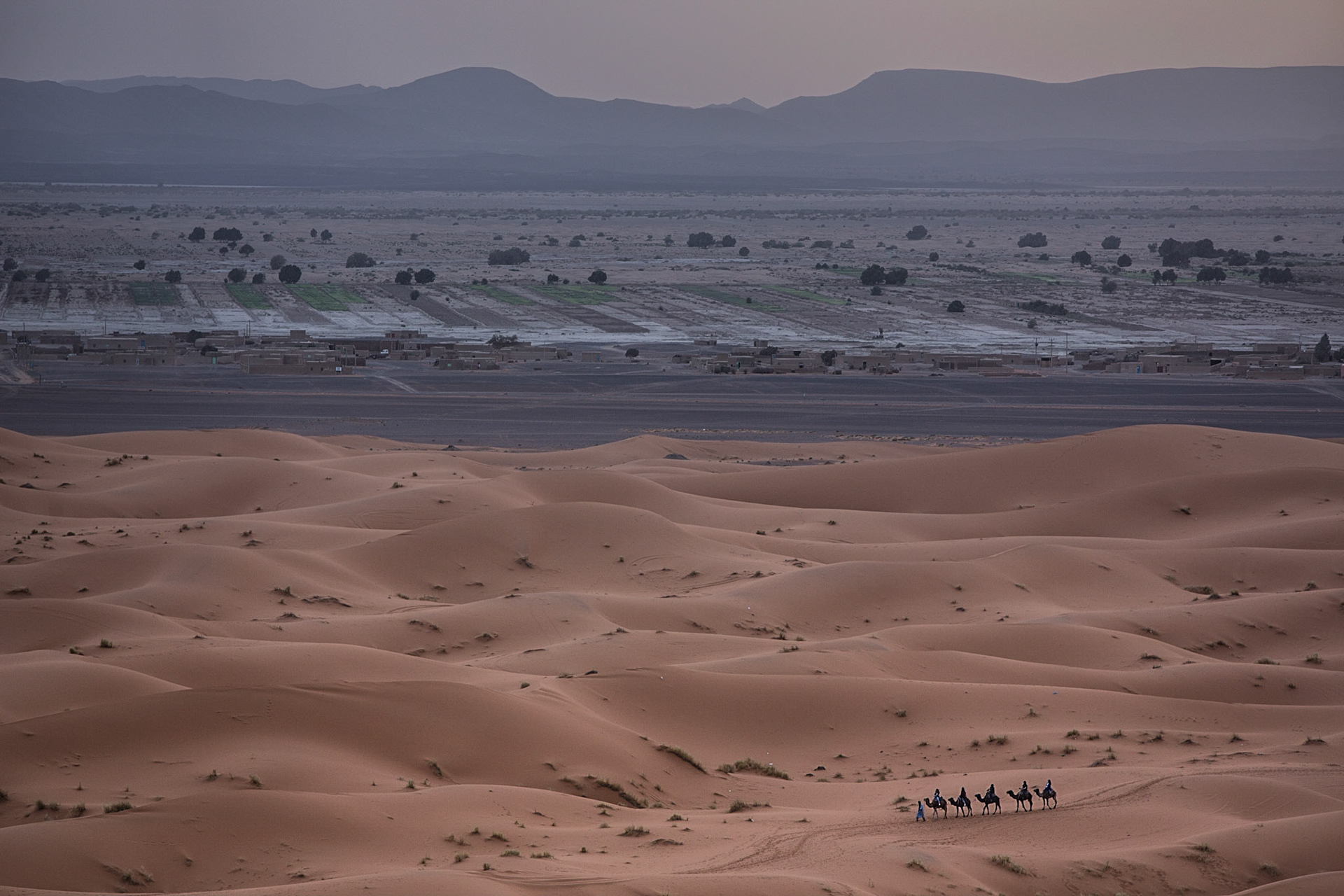 Merzouga is a small village in southeastern Morocco, about 55 kilometers from Erfoud, and about 50 kilometers from the Algerian border.The village is known for its proximity to Erg Chebbi, a Saharan broad area of desert covered with wind-swept sand with little or no vegetative cover. It is a true delight to ride a dromedary in this area or watch others do it from the top of the highest dune just before sunset.
