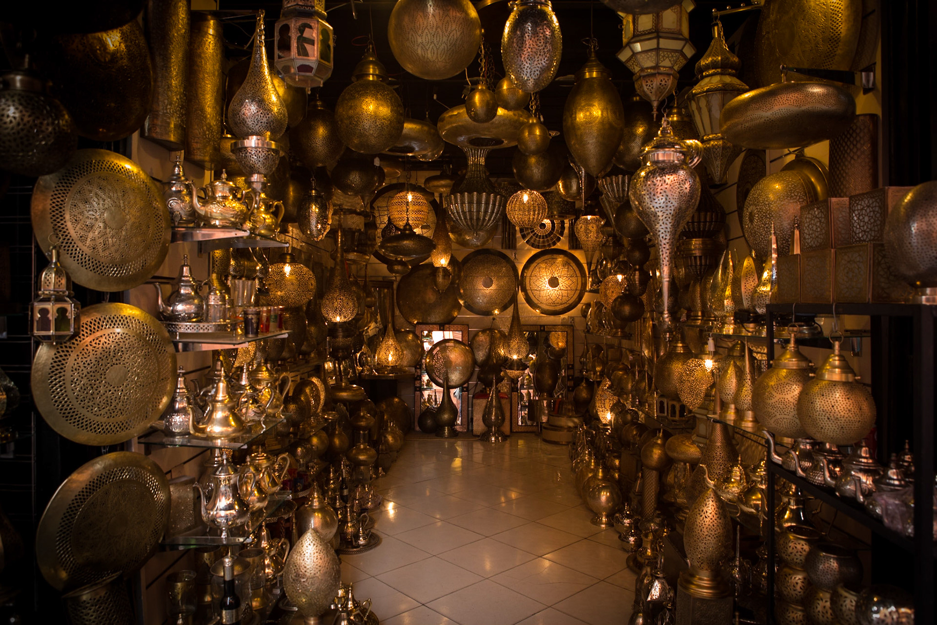 Artisan shop in the medina (old town) in Marrakesh. Marrakesh has the largest traditional market (souk) in Morocco, with some 18 souks selling wares ranging from traditional Berber carpets to modern consumer electronics.