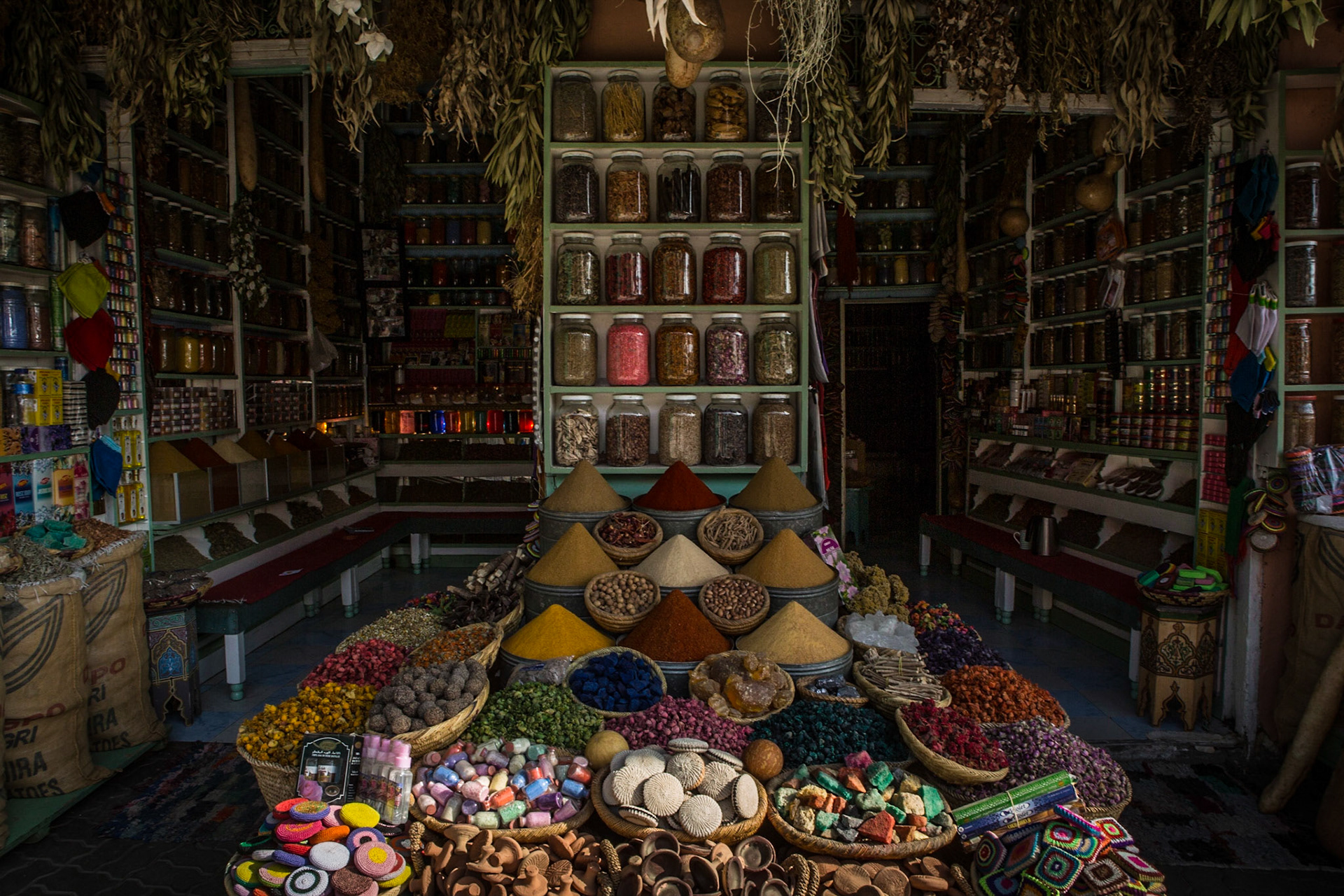 Spices shop at Place des Epices in the medina (old town) in Marrakesh. Marrakesh has the largest traditional market (souk) in Morocco, with some 18 souks selling wares ranging from traditional Berber carpets to modern consumer electronics.