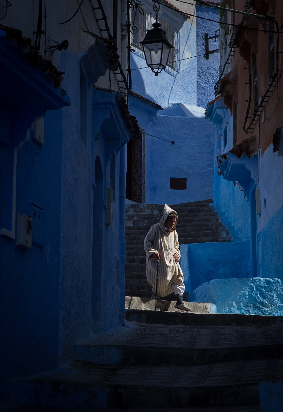 Chefchaouen or Chaouen is a city in northwest Morocco. It is situated in the Rif Mountains and is noted for its buildings in shades of blue. Chefchaouen's blue walls are a popular subject of interest. There are several theories as to why the walls were painted blue. One popular theory is that the blue keeps mosquitos away, another is that Jews introduced the blue when they took refuge from Hitler in the 1930s. The blue is said to symbolize the sky and heaven, and serve as a reminder to lead a spiritual life.