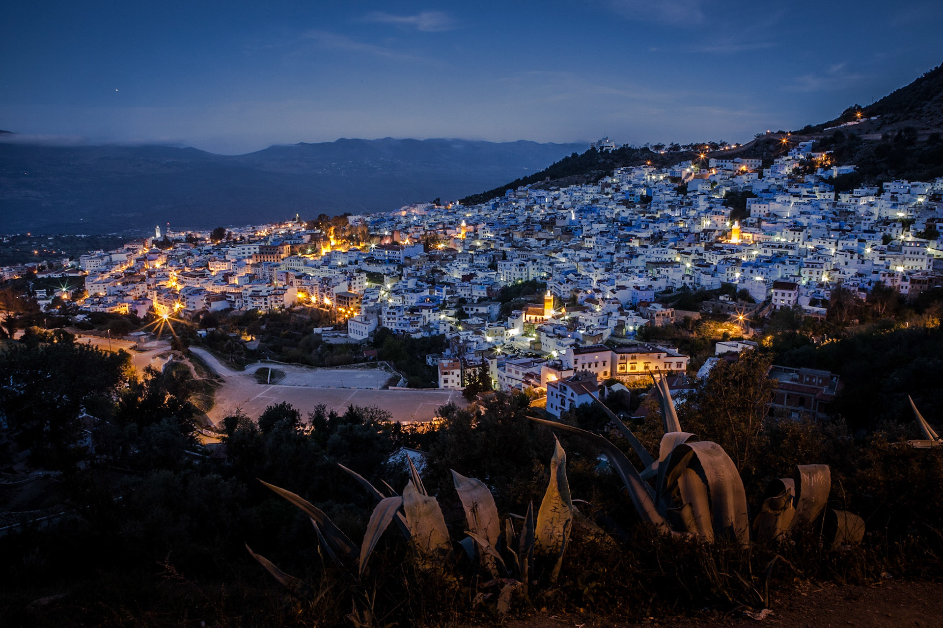 Chefchaouen or Chaouen is a city in northwest Morocco. It is situated in the Rif Mountains and is noted for its buildings in shades of blue. Chefchaouen's blue walls are a popular subject of interest. There are several theories as to why the walls were painted blue. One popular theory is that the blue keeps mosquitos away, another is that Jews introduced the blue when they took refuge from Hitler in the 1930s. The blue is said to symbolize the sky and heaven, and serve as a reminder to lead a spiritual life