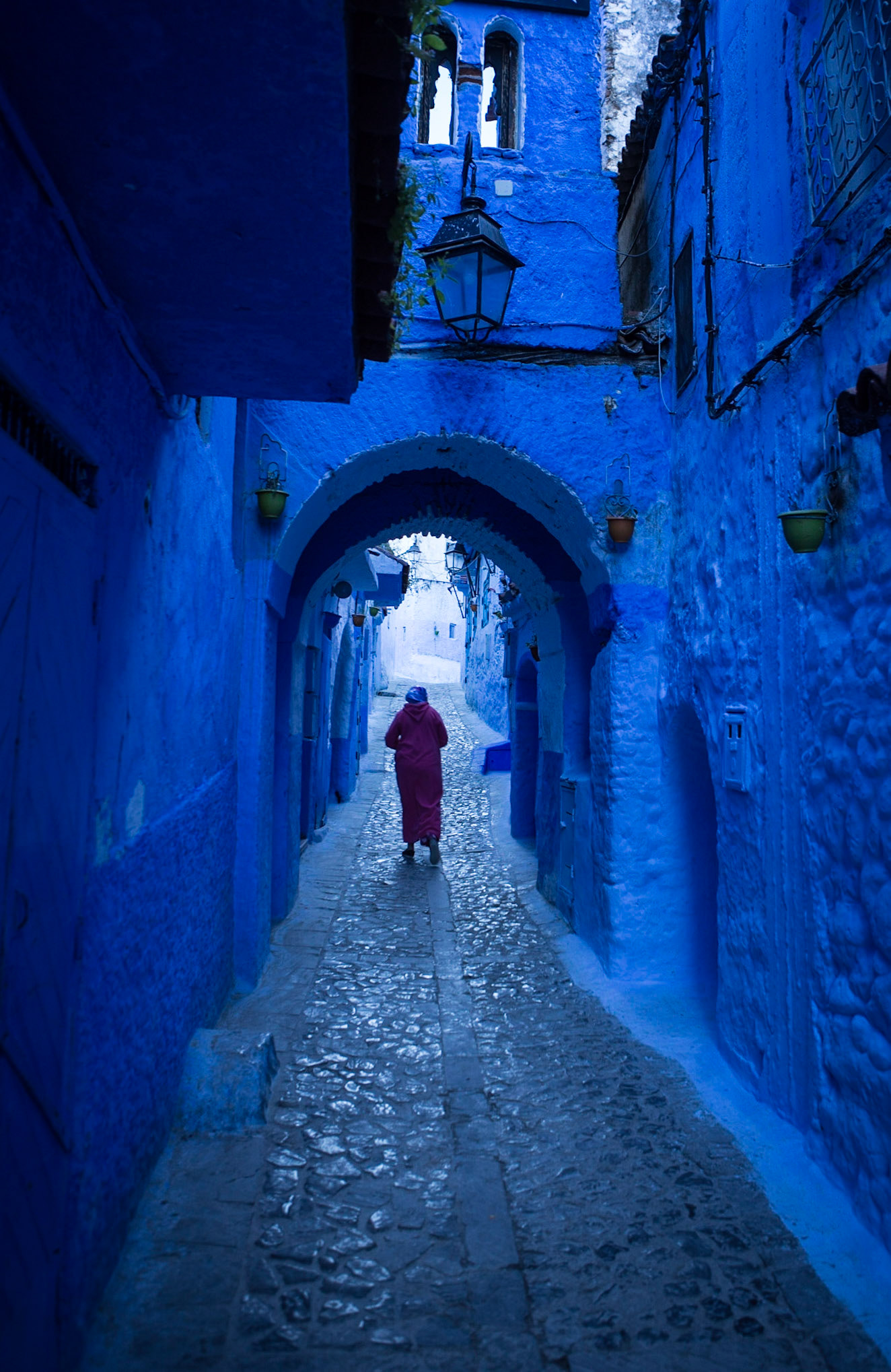 Chefchaouen or Chaouen is a city in northwest Morocco. It is situated in the Rif Mountains and is noted for its buildings in shades of blue. Chefchaouen's blue walls are a popular subject of interest. There are several theories as to why the walls were painted blue. One popular theory is that the blue keeps mosquitos away, another is that Jews introduced the blue when they took refuge from Hitler in the 1930s. The blue is said to symbolize the sky and heaven, and serve as a reminder to lead a spiritual life.