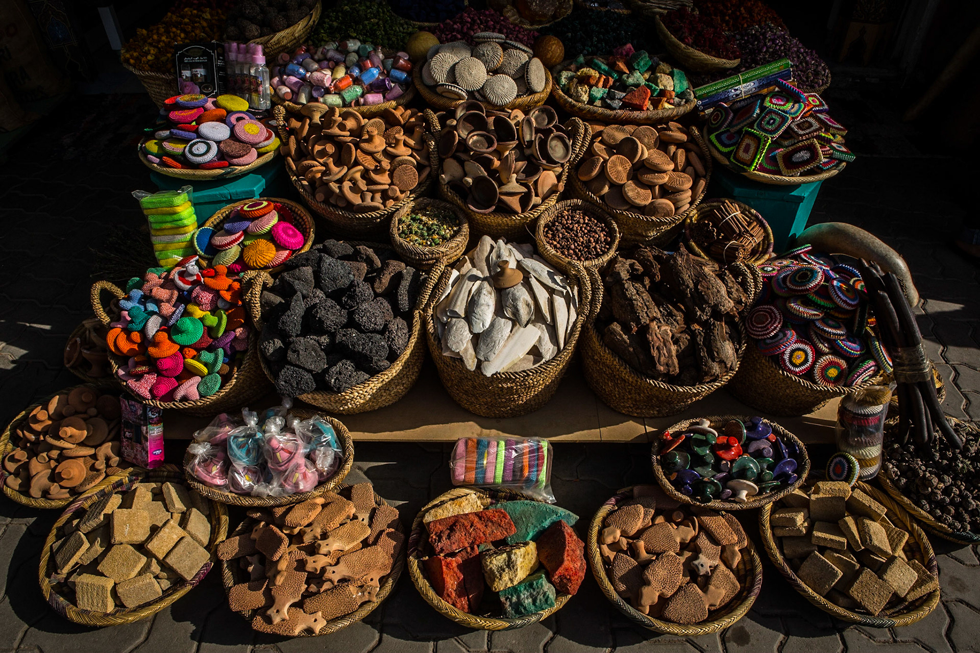 Spices shop at Place des Epices in the medina (old town) in Marrakesh. Marrakesh has the largest traditional market (souk) in Morocco, with some 18 souks selling wares ranging from traditional Berber carpets to modern consumer electronics.