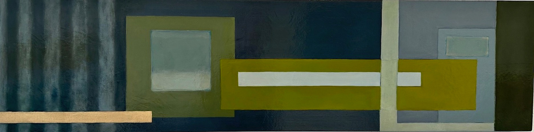 Boxed:Shift (Play Ball), Oil/metallic pigment on panel, 12 x 48 in.
