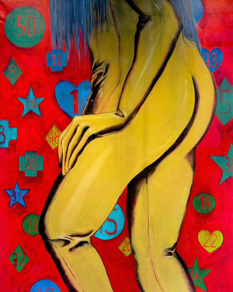 Looming Digits (Yellow body suits and Blue hair)  2023   100 × 80cm   39.4 × 31.5 inch   Oil and charcoal on canvas