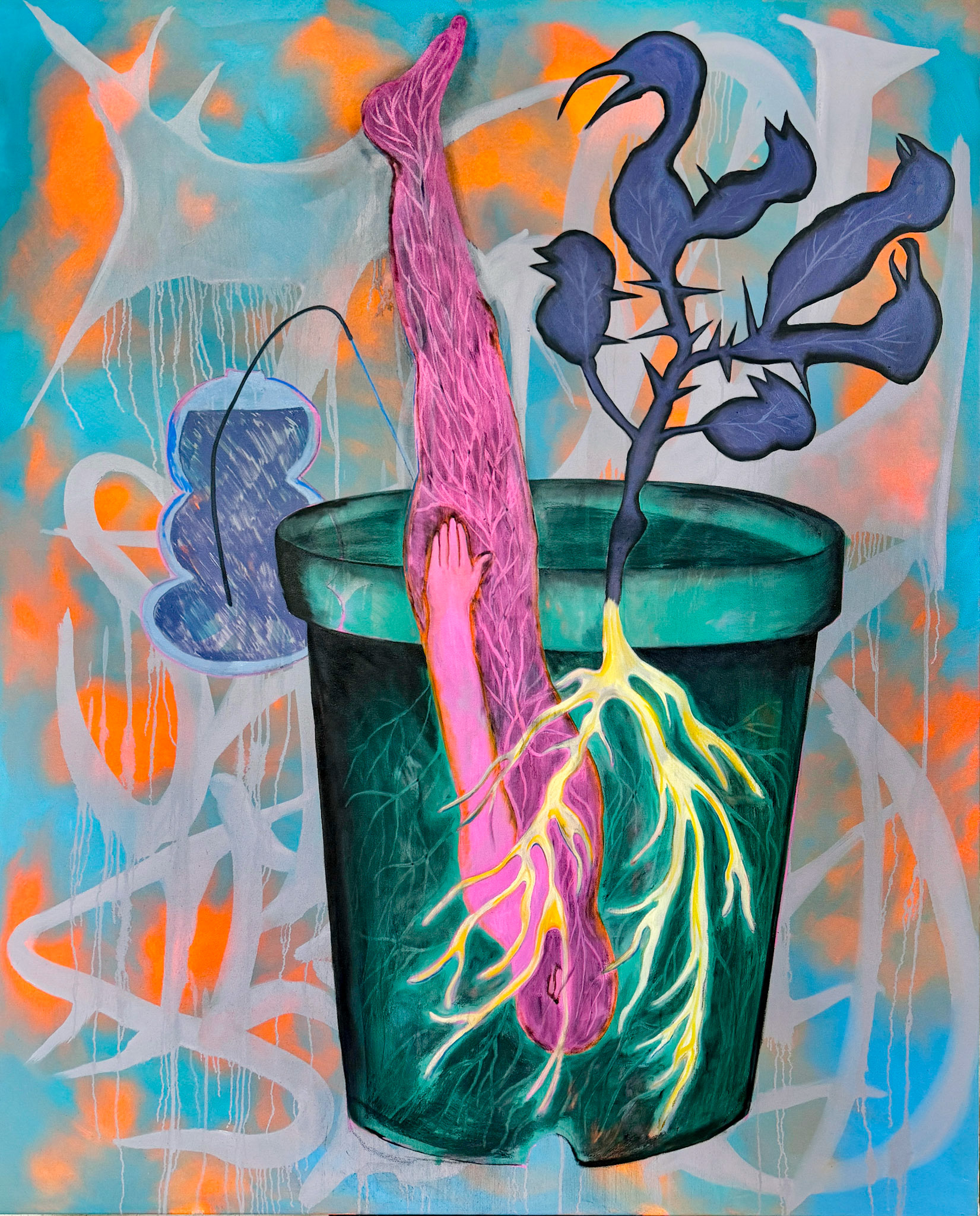 Treed Codependency (Green pot)  2023   160 × 130cm   63 × 51.2 inch   Oil and charcoal on canvas