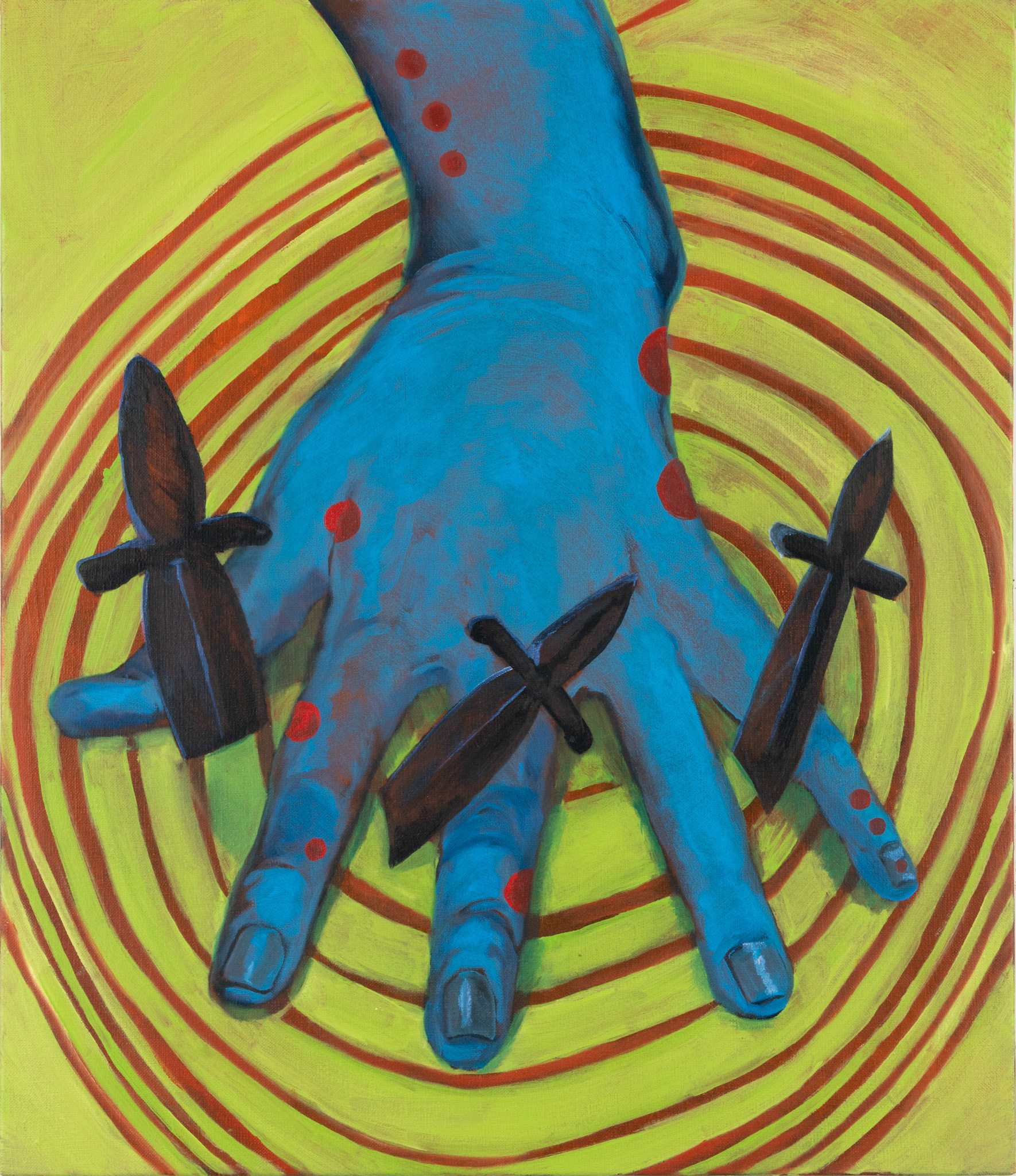 The Elastic Edges (Blue hand, Red mapping) 2023 53 × 45cm 20.9 × 17.7 inch Oil on canvas