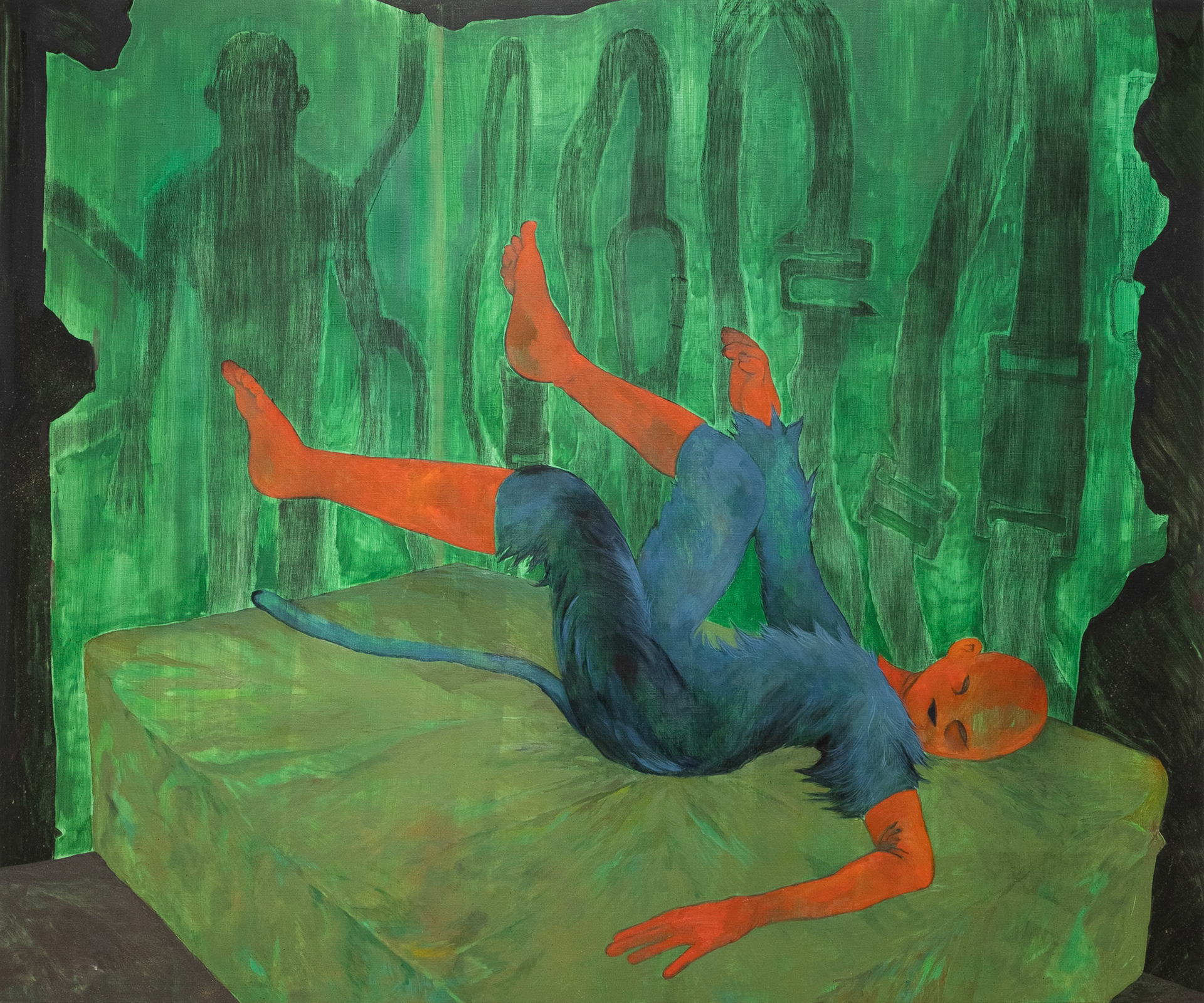 Falling to bed   2024   180 × 160cm   70.9 × 63 inch   Oil and charcoal on canvas