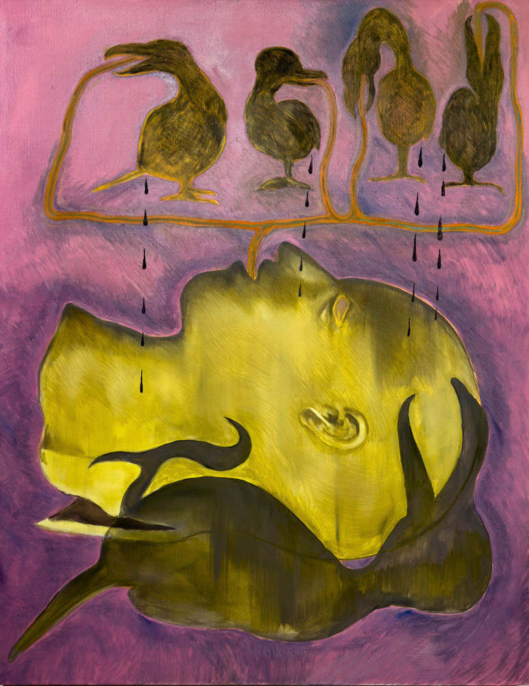 Treed Codependency (Yellow mask with five birds)  2023   116.7 × 91cm   45.9 × 35.8 inch   Oil and charcoal on canvas