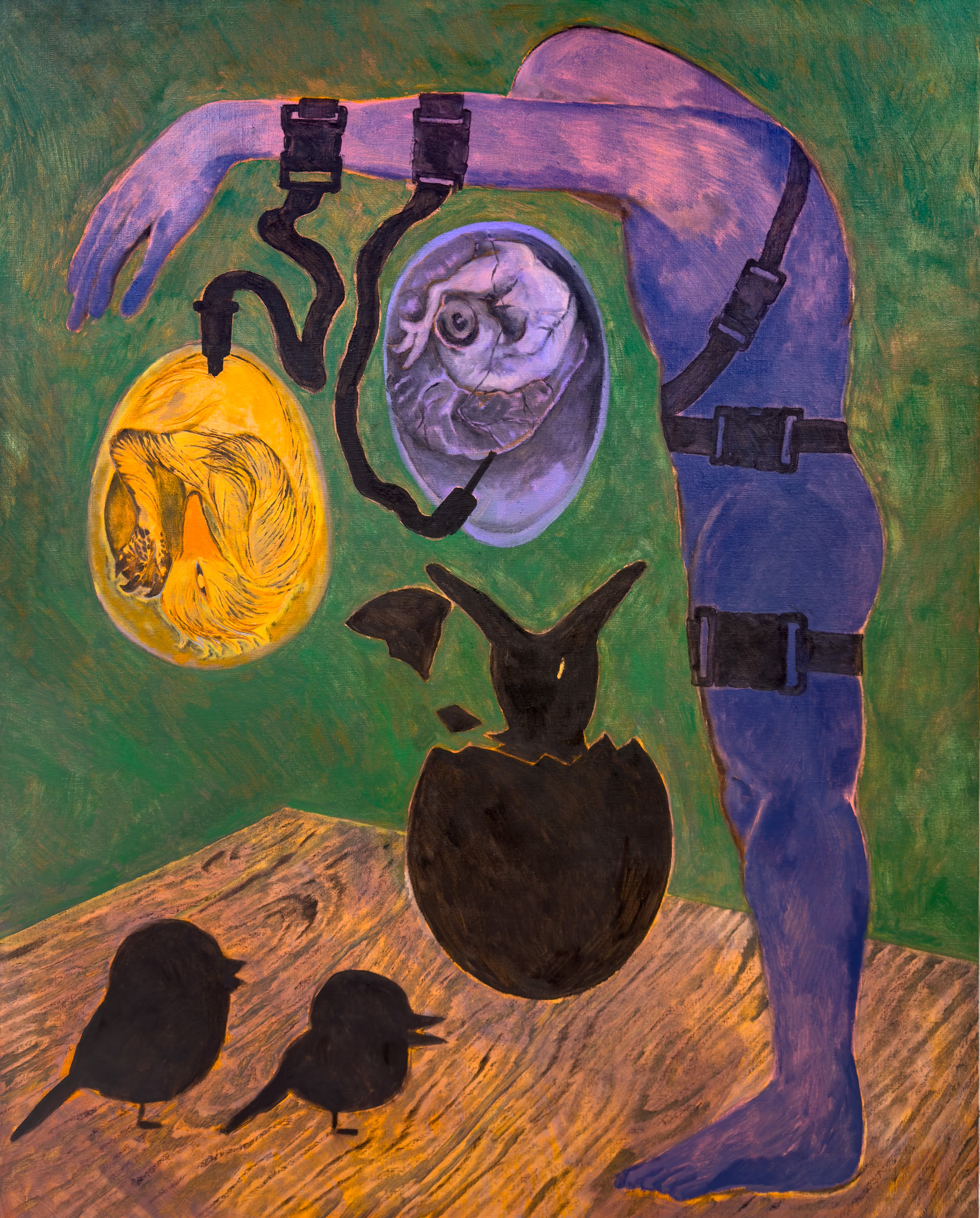 Treed Codependency (Belts and two embryos )  2023   91 × 72.7cm   35.8 × 28.6 inch   Oil and charcoal on canvas