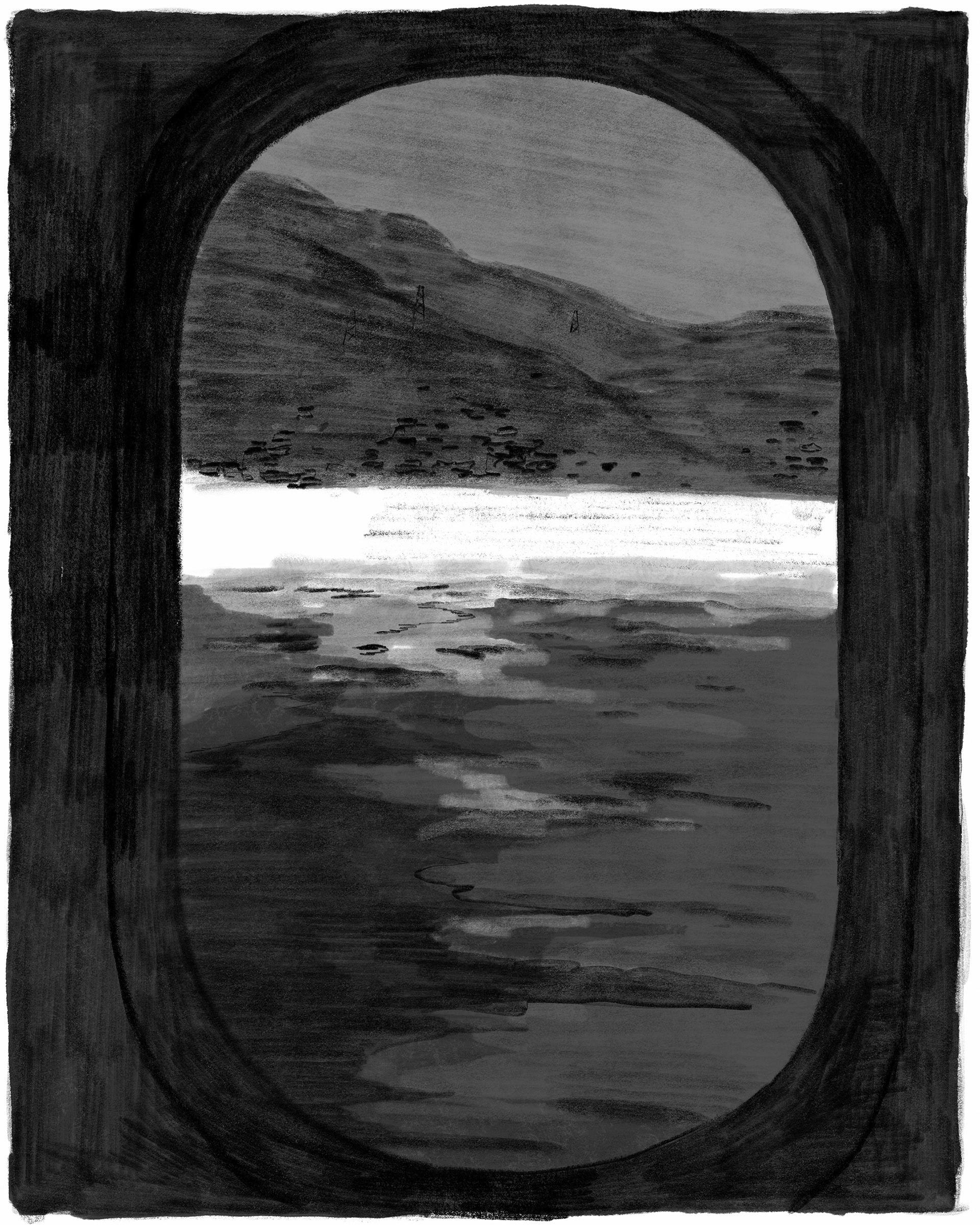 desenho de uma paisagem com água do mar, uma parte branca no meio e um morro com casas ao fundo, vistos pela janela de um barco