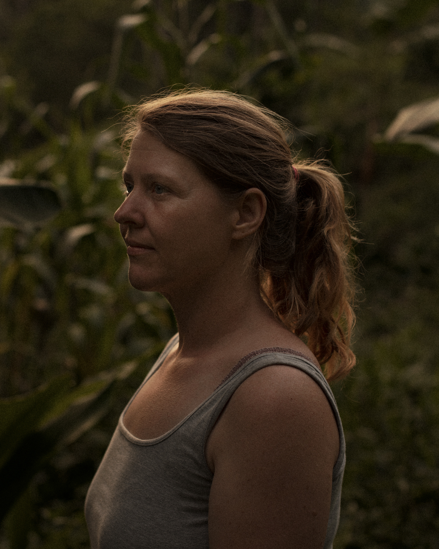 Retrato de Cátia quase de perfil, com o cabelo amarrado e olhar sereno, em frente a um fundo desfocado, verde, de plantas