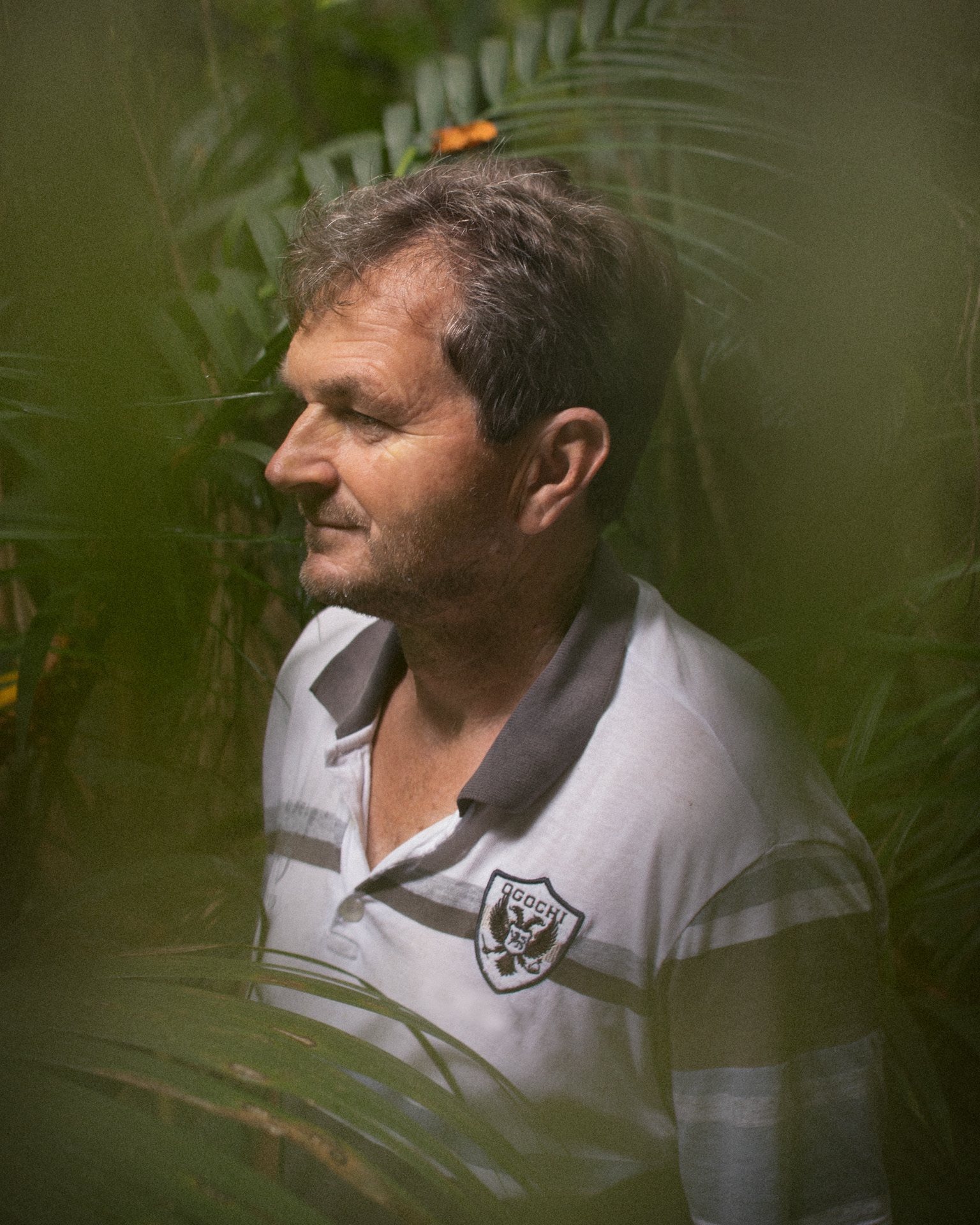 Retrato do guardião de abelhas de perfil, em meio a um fundo verde desfocado com folhas de palmeira