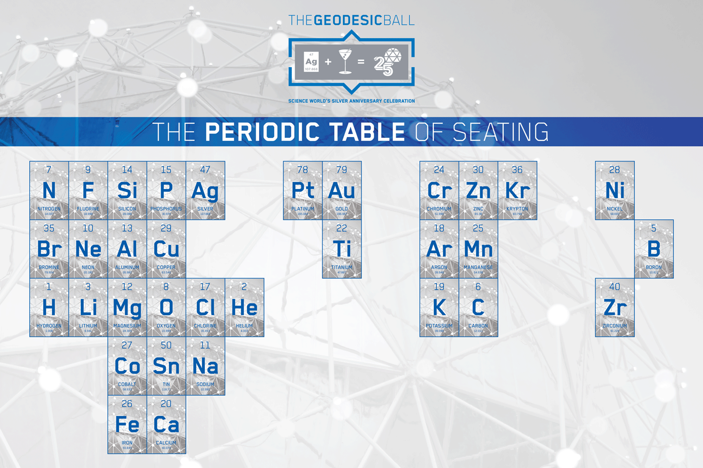Abstract representation of the periodic table of elements, designed as a seating chart.