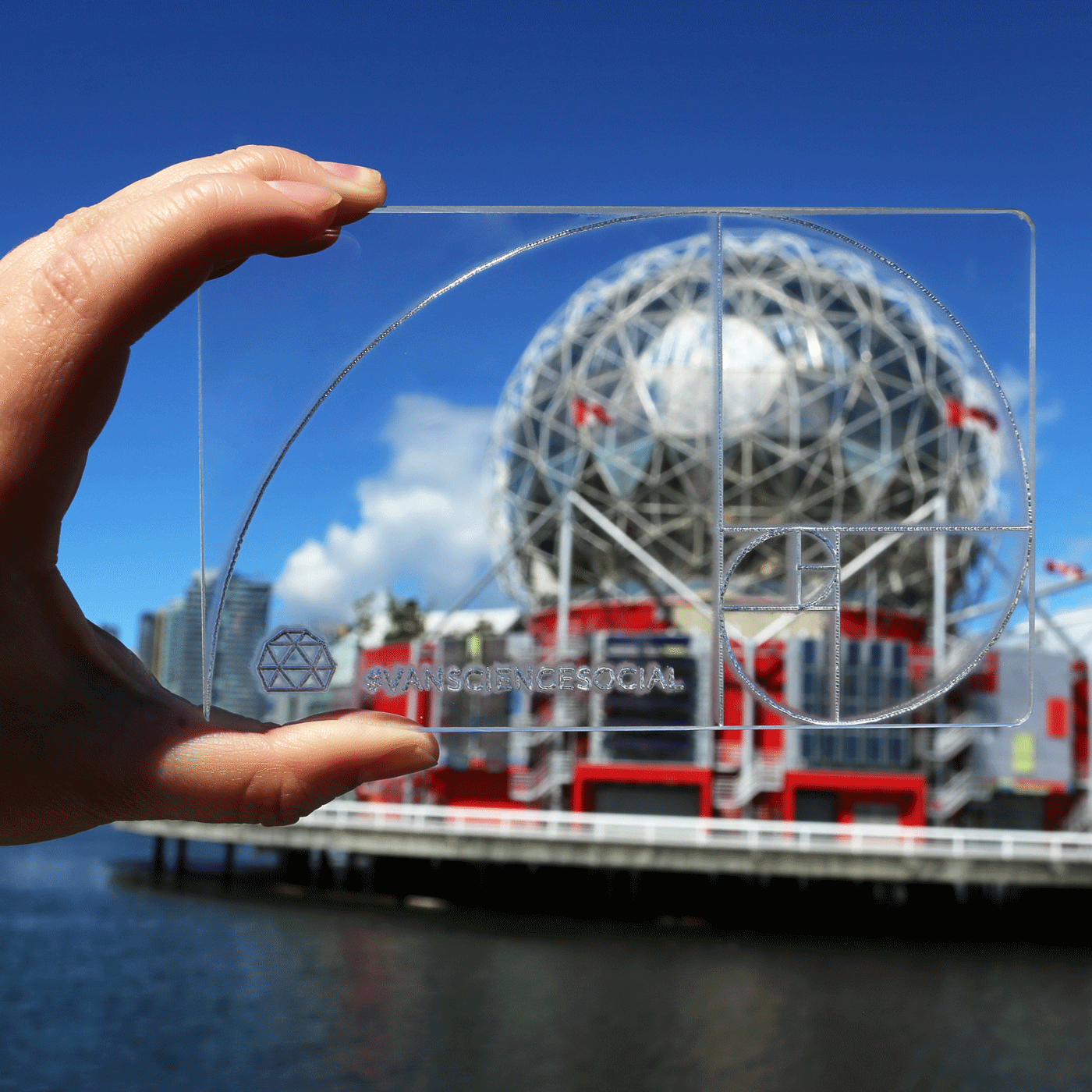 Prototype of the #VanScienceSocial Fibonacci viewfinder, outside TELUS World of Science.