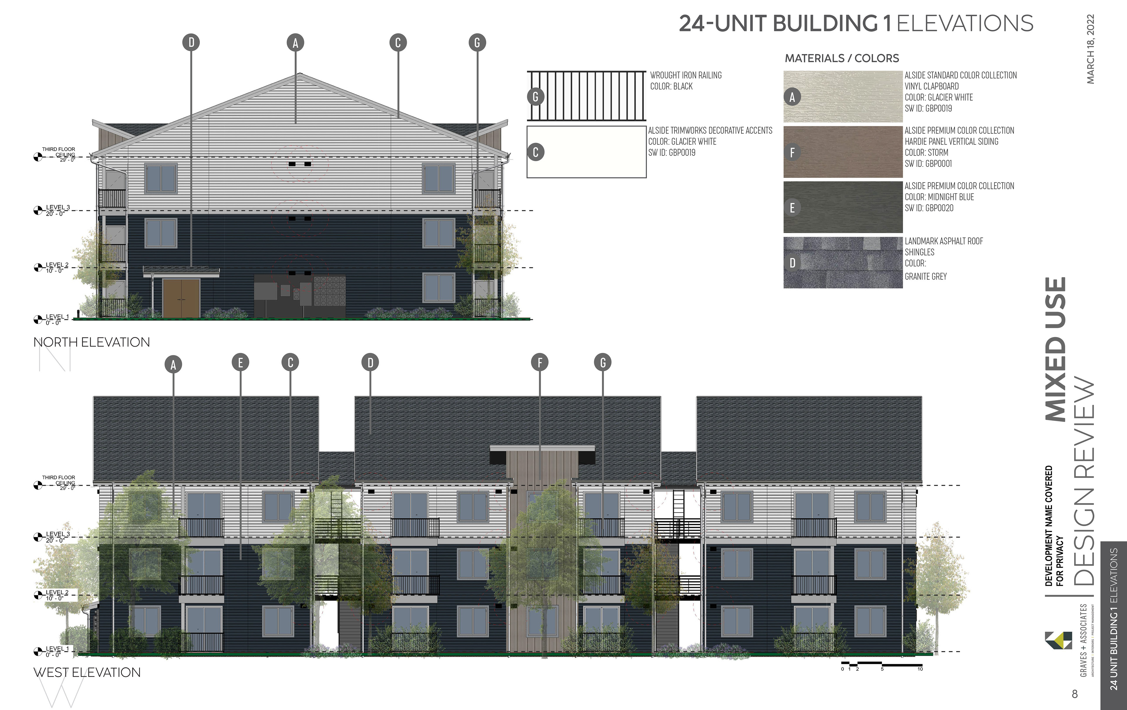Design Review package completed for using CAD, Photoshop, & InDesign for a multifamily project in Arlington, WA.