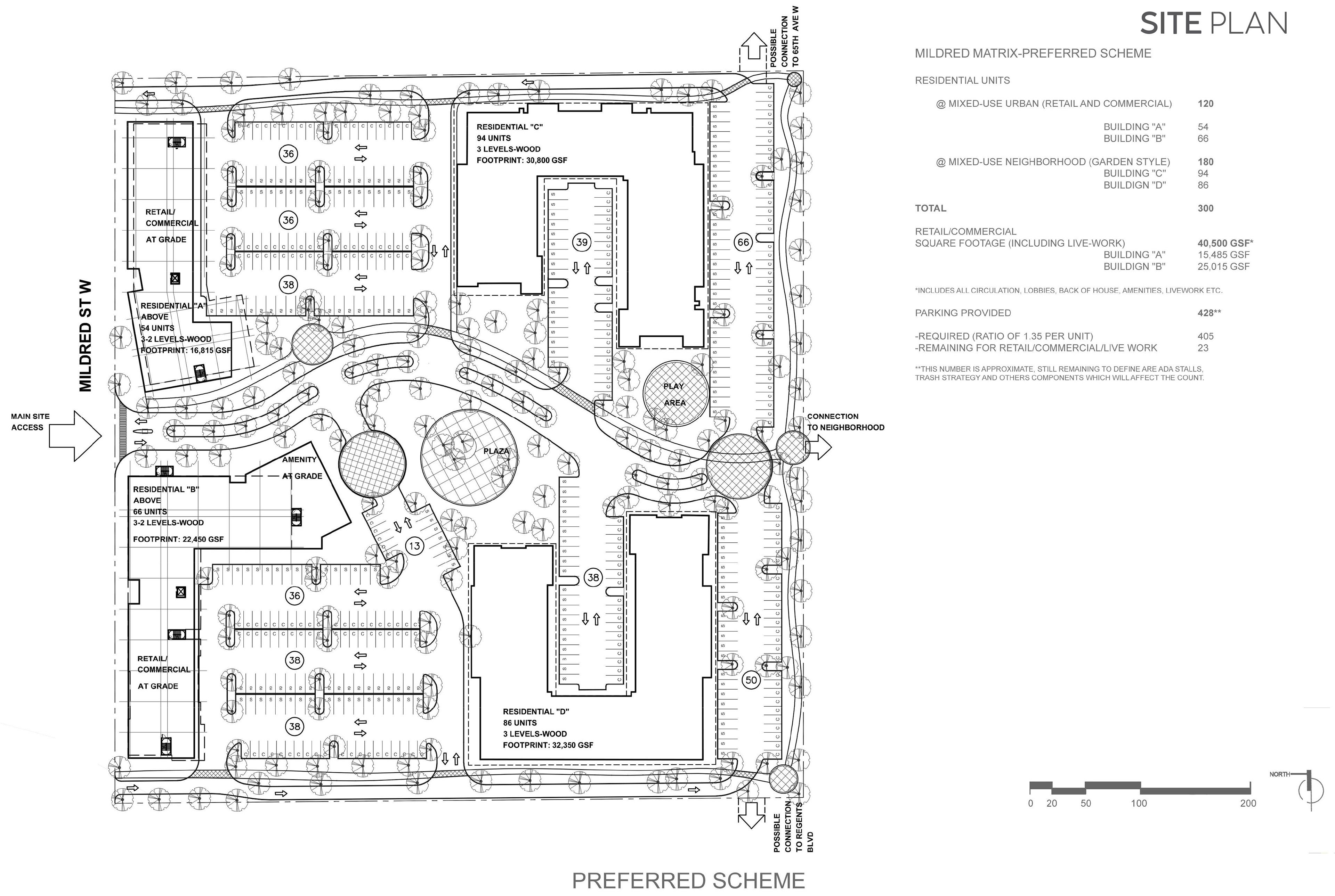 Mixed-Use Site Plan for a development in Covington, WA. Design completed in collaboration with Master Planner Marc Aubin.