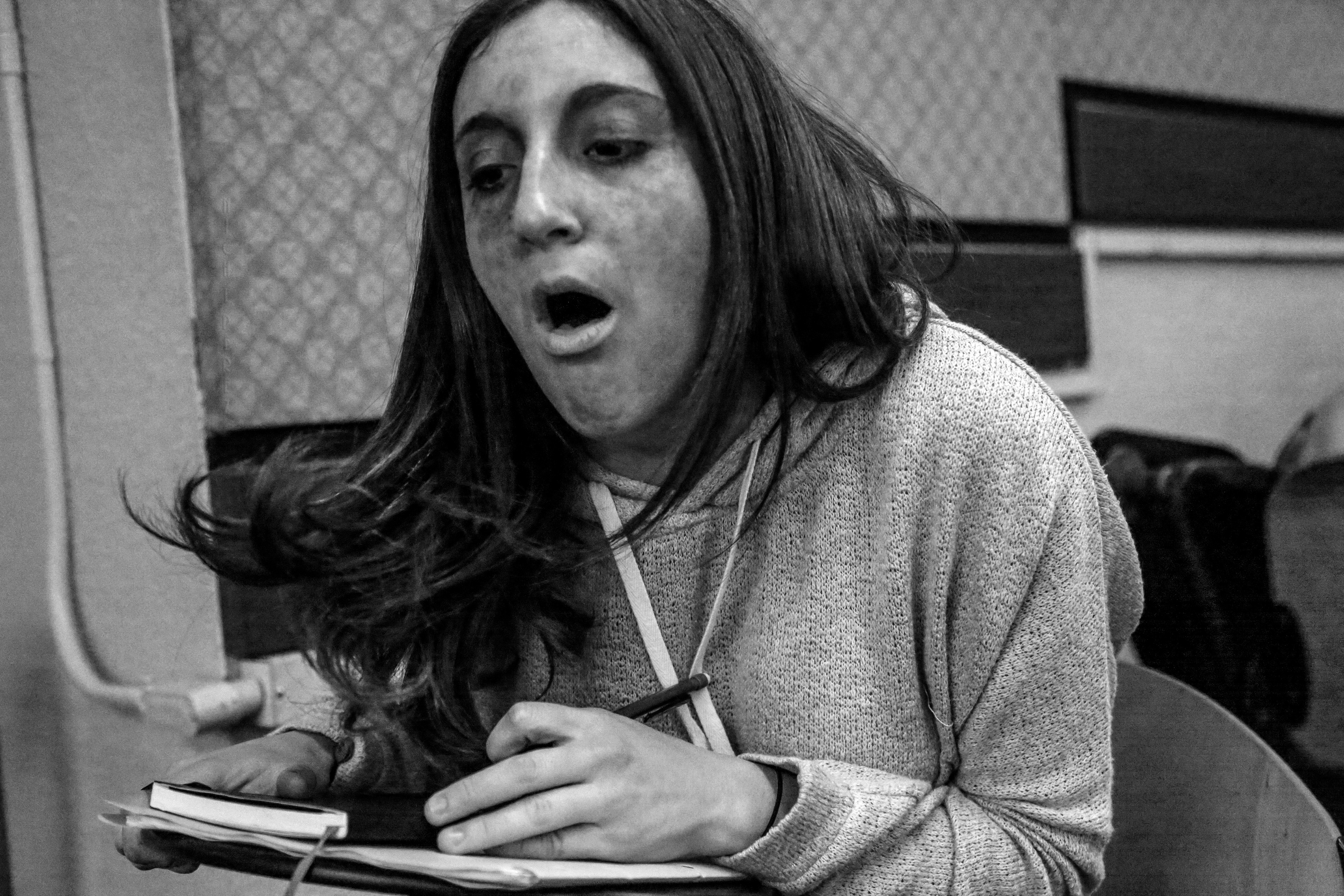 Rachel Ben-Menachem as Yvonne, the choking girl, behind the scenes of "Philosophical Approach to Enlightenment