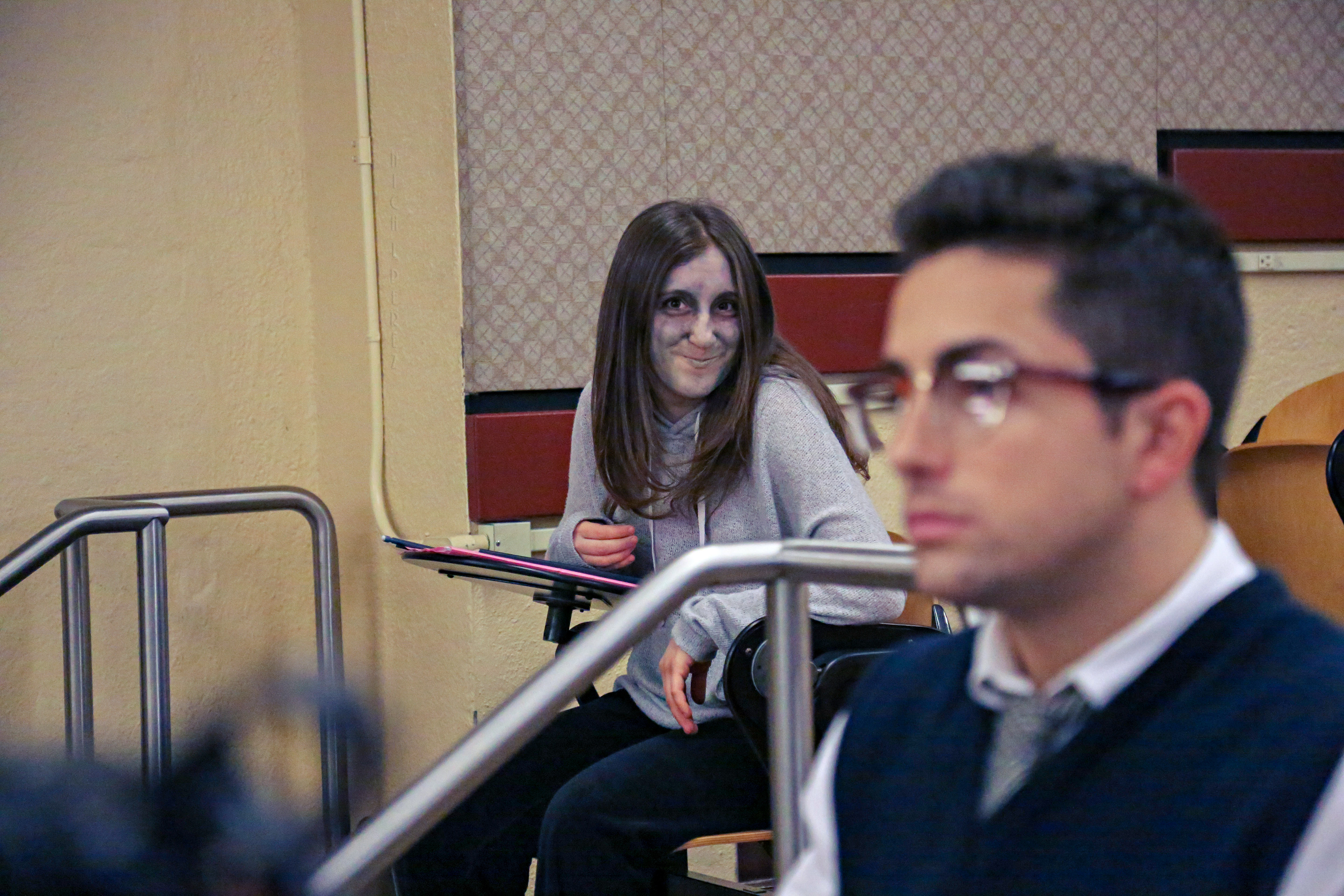 Rachel Ben-Menachem and Ricky Vitucci on the classroom set of  "Philosophical Approach to Enlightenment"