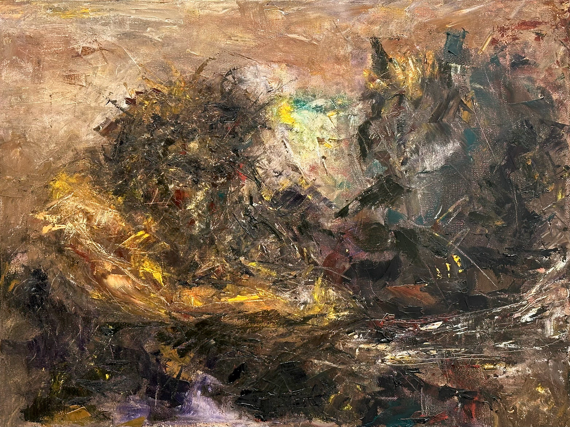 A complex, futuristic blend of abstract colors symbolizes the Goliaths we still face today. They may not appear as mechanical giants, but their presence is undeniable. In battling them, we need the Bible—we need to call on the Lord for wisdom and discernment.