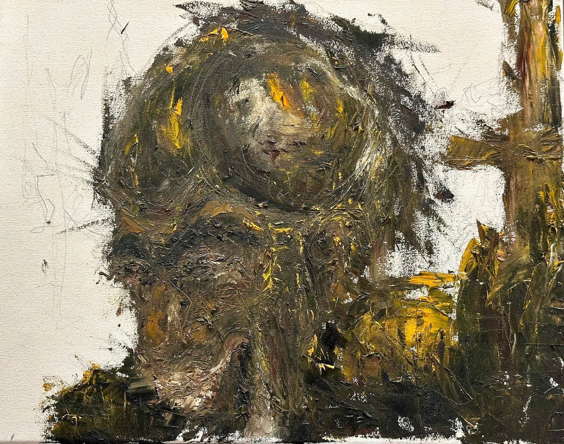 Goliath’s face takes shape—recognizable yet distorted, a reflection of his downfall.