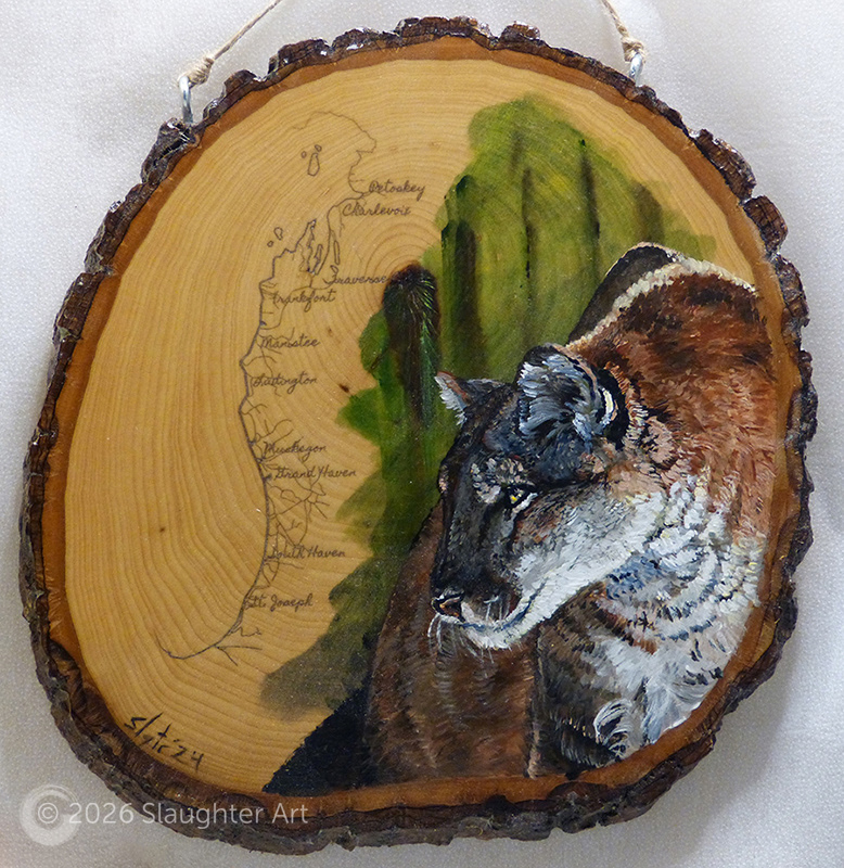 Cougar with Map of the Lake Michigan Shoreline About 10"x12" - $150