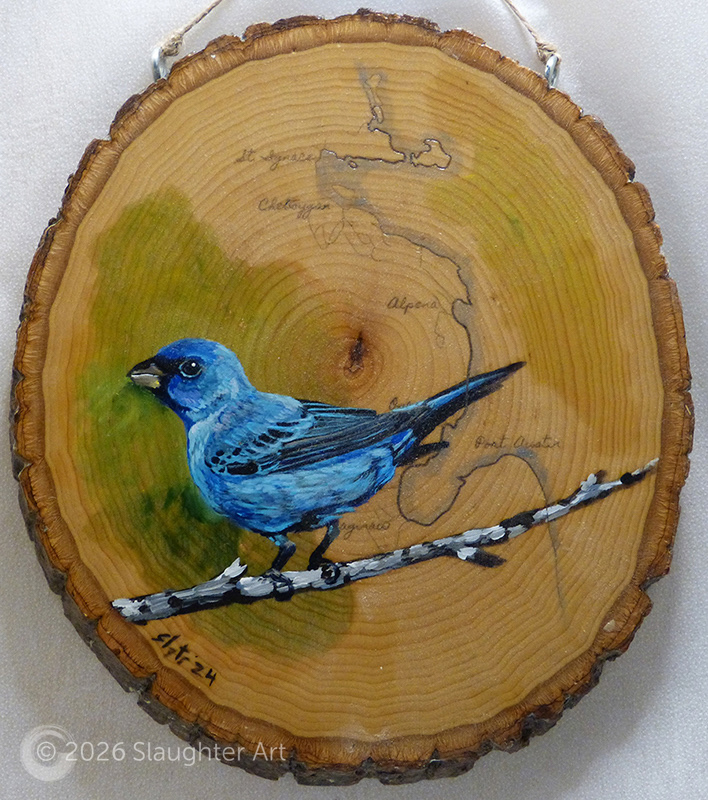  Indigo Bunting with Map of the Lake Huron Shoreline About 10"x12" - $150