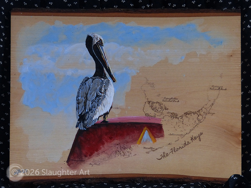 Pelican with Map of the Florida Keys About 14"x12" - $230
