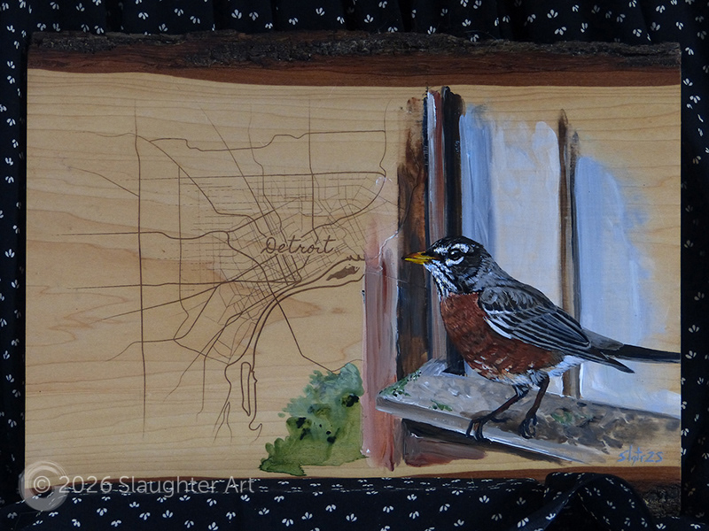  Robin with Map of Detroit, MI About 16"x13" - $230
