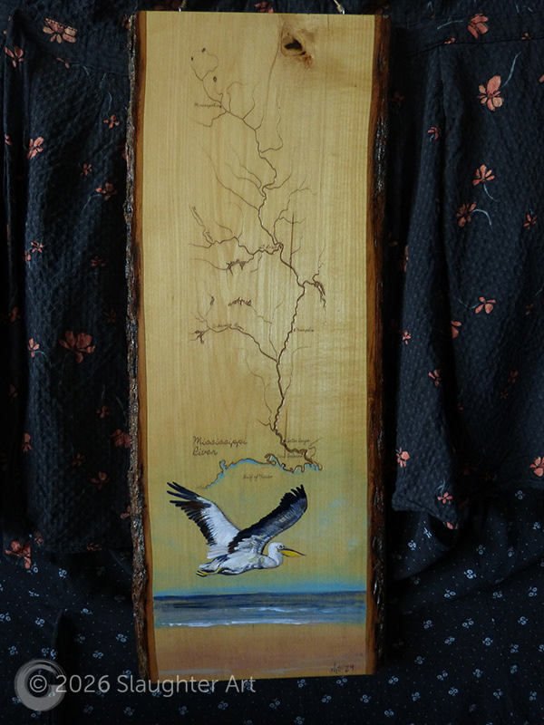 Pelican with Map of the Mississippi River About 12"x24" - $300