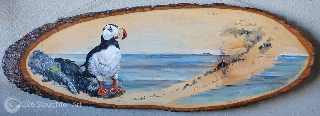  Puffin with Map of the Aleutian Islands/Katmai National Park About 24"x12" - $300