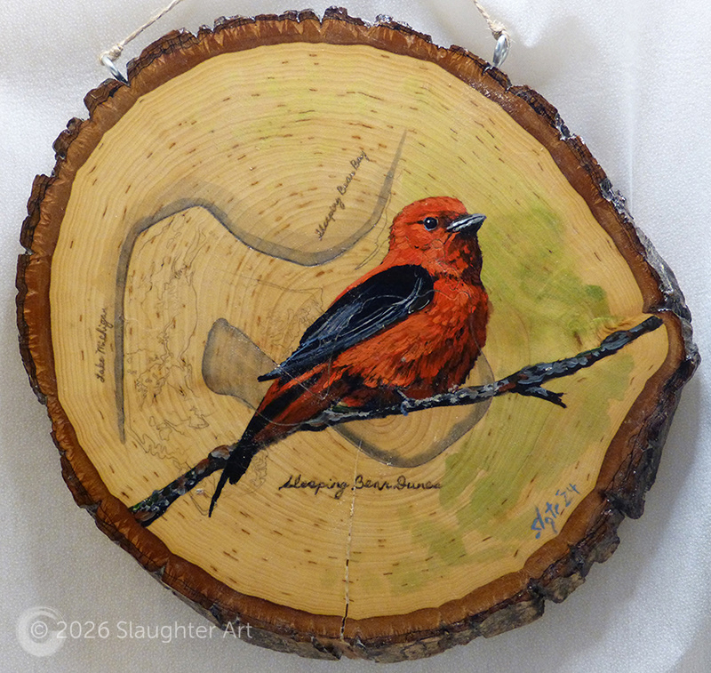  Scarlet Tanager with Map of Sleeping Bear Dunes National Park About 11"x10" - $150