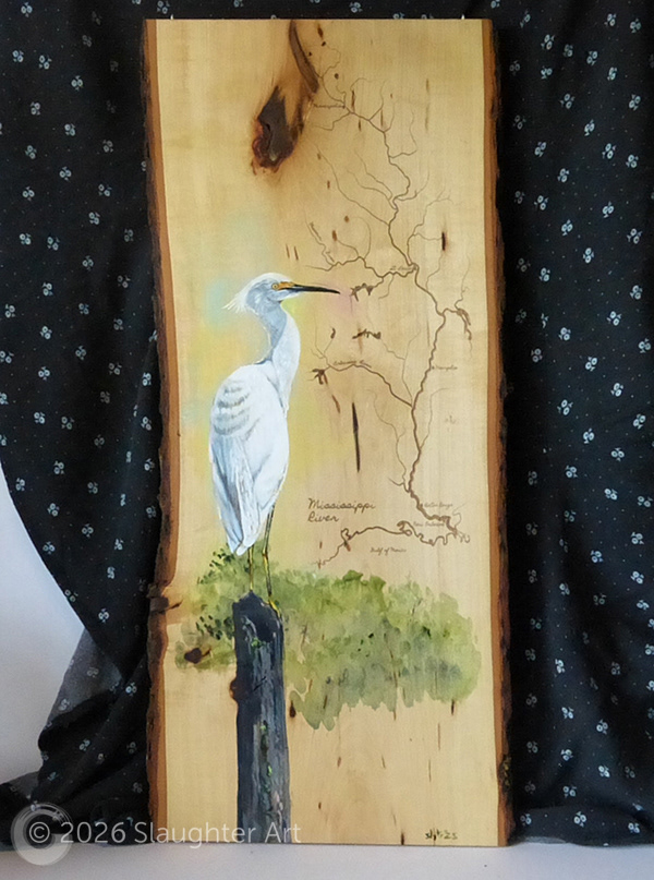 Snowy Egret with Map of the Mississippi River About 12"x24" - $300