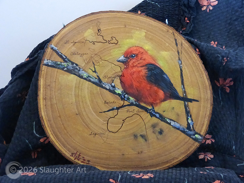 Scarlet Tanager with Map of the Lake Huron Shoreline About 10"x10" - $150