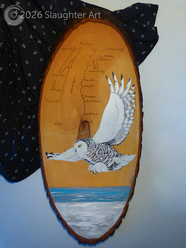 Snowy Owl with Map of Lake Michigan About 12"x24" - $300