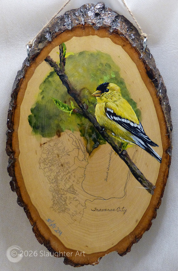 Goldfinch with Map of Traverse City, MI About 8"x12" - $150