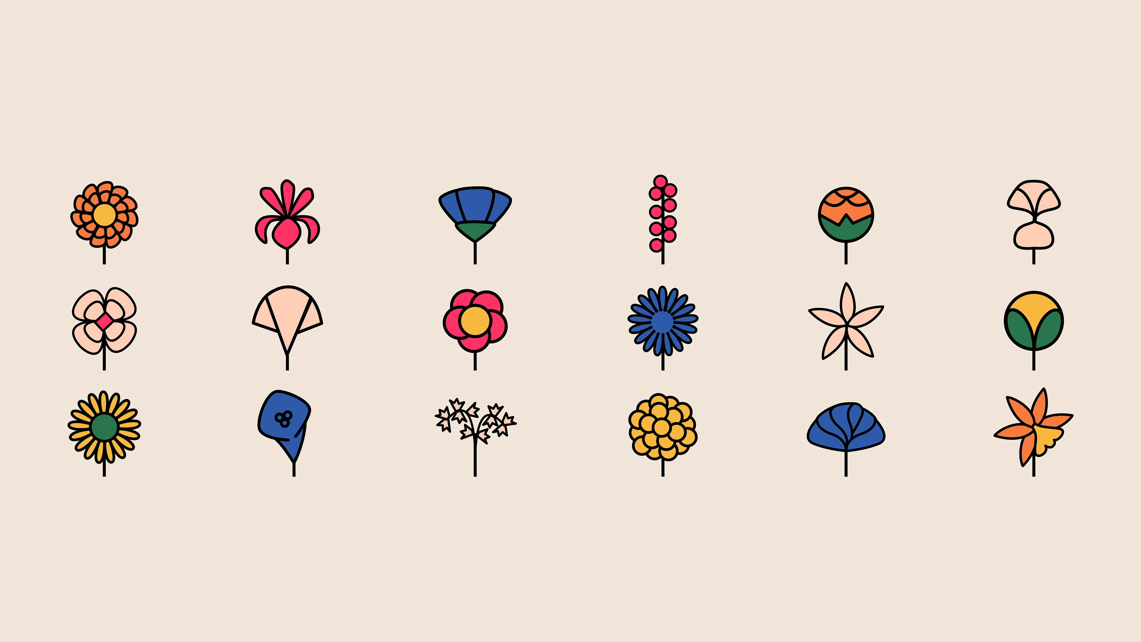 The set of icons that include a variety of colorful flowers and all different shapes. Icons have a thick black outline