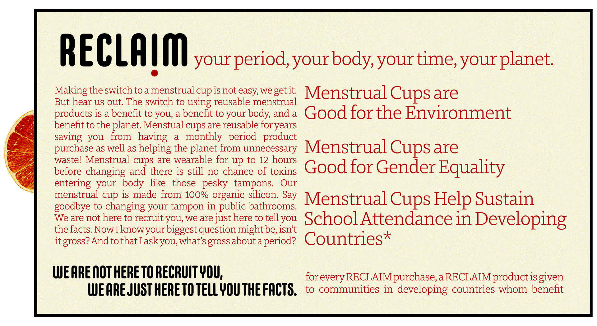The inside of the label including text on why you should switch to reusable period products