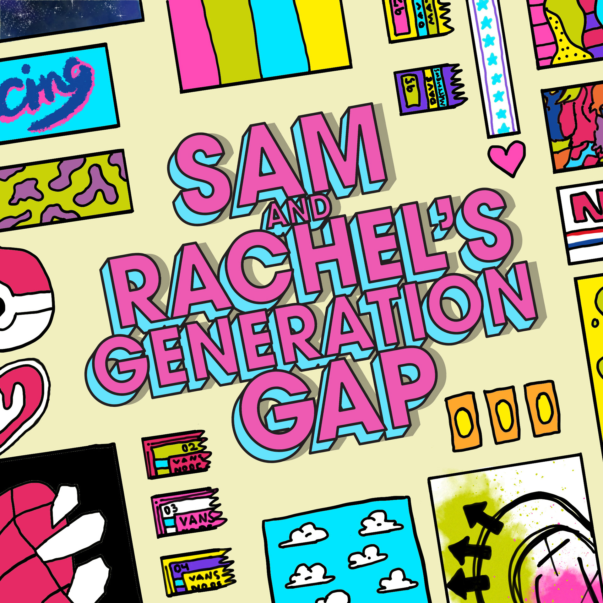 Sam and Rachel's Generation Gap podcast cover image including a set of icons that represent things from the 80s and 90s.