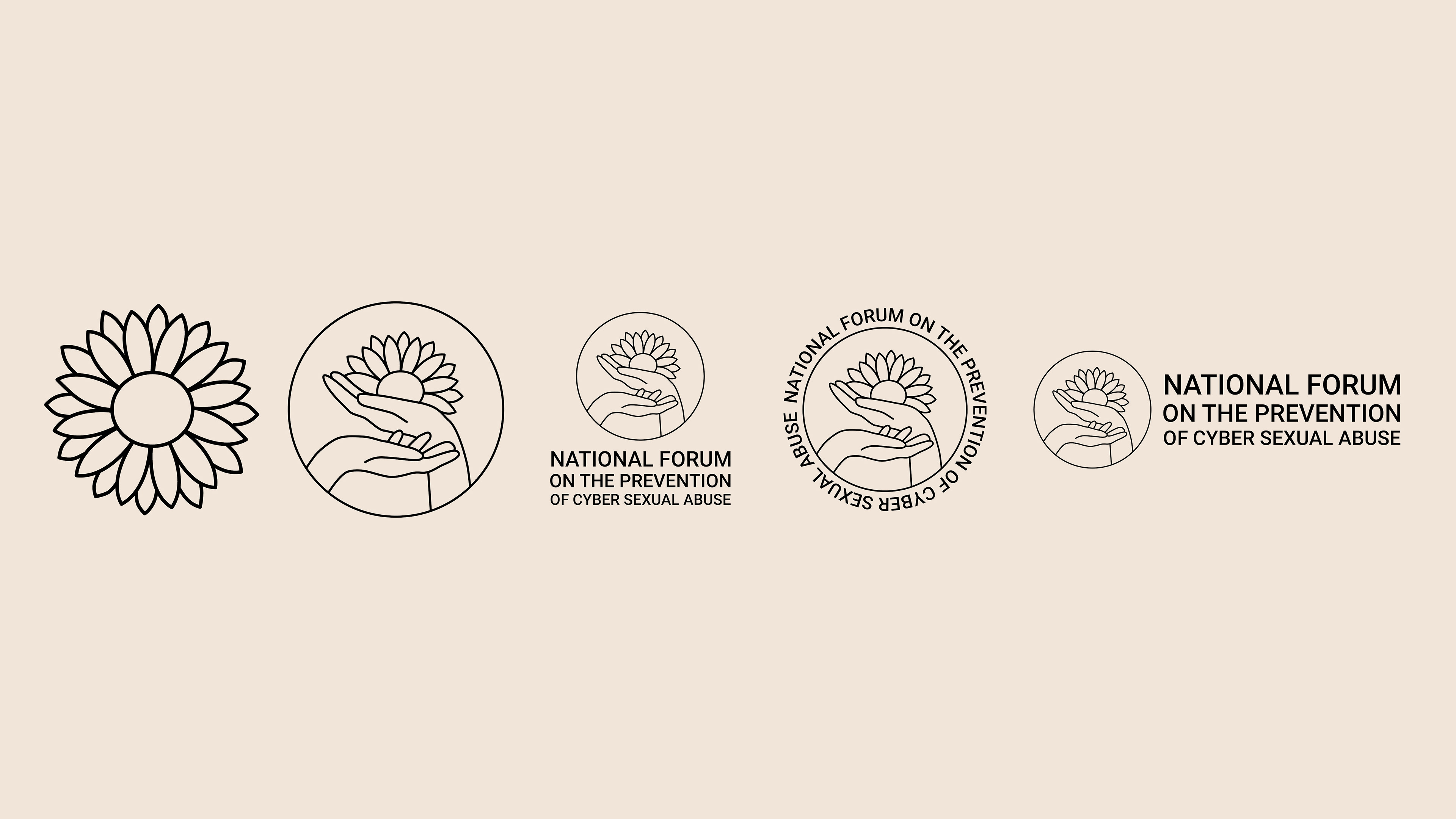 A series of logo options including just the circle/hands with flower, just the flower, the logomark with text below and to the right as well as text around the circle