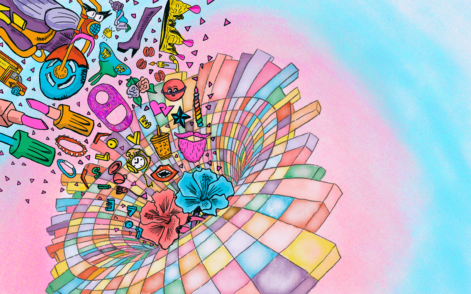 Pride Beer Label. A series of icons representing queer imagery falling into a rainbow black hole that represents a dance floor with the colors of the trans flag in a textured background