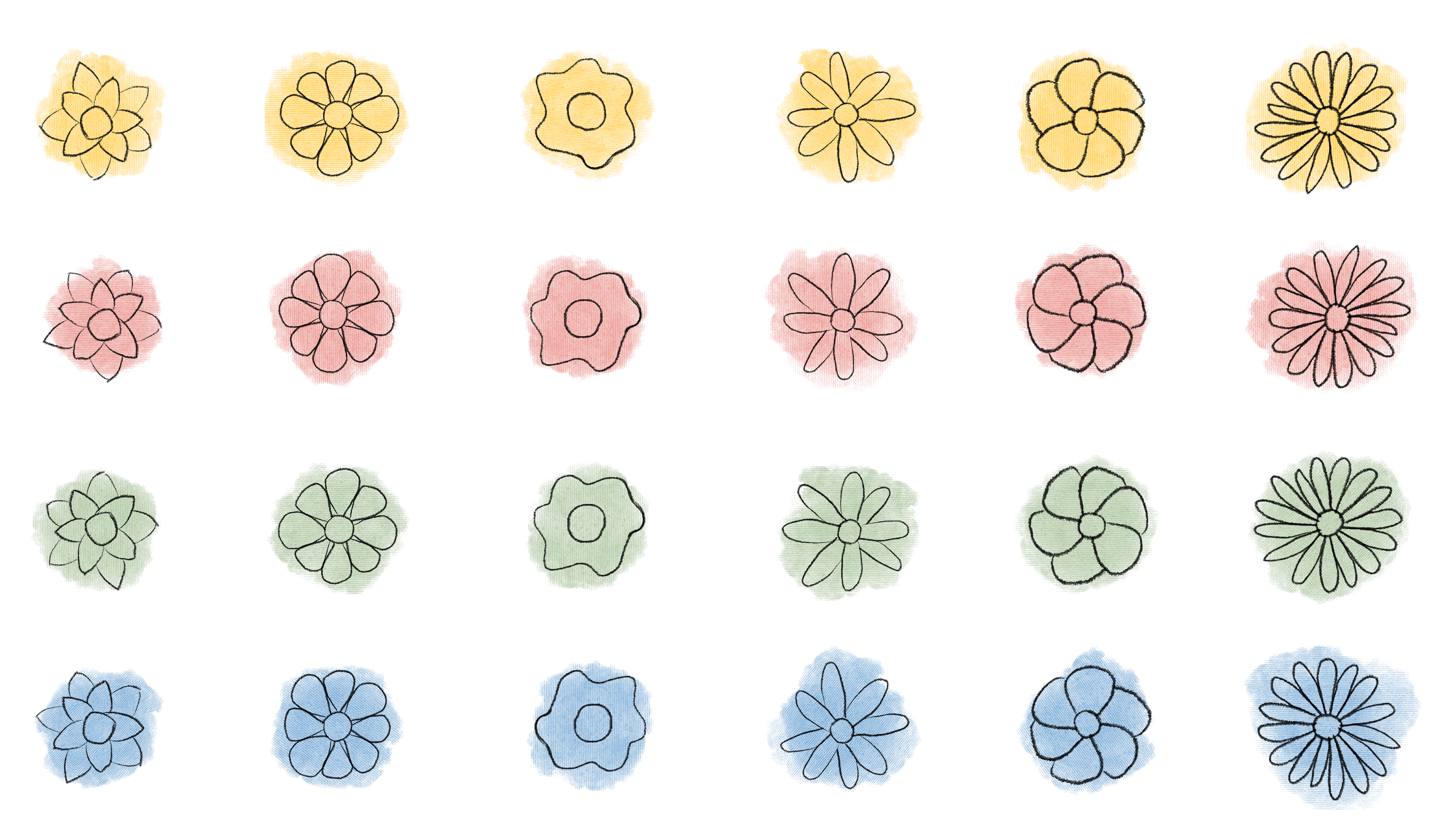 A set of flower icons, hand drawn with yellow, red, green, and blue texture background options