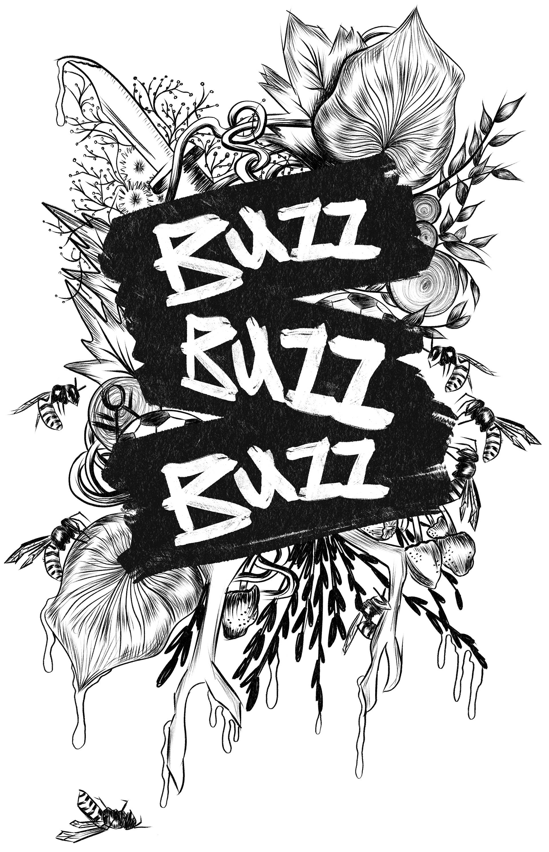 This design is centered around the words Buzz Buzz Buzz and has black and white, textured line work of nature, soccer balls, knives, and yellowjackets.
