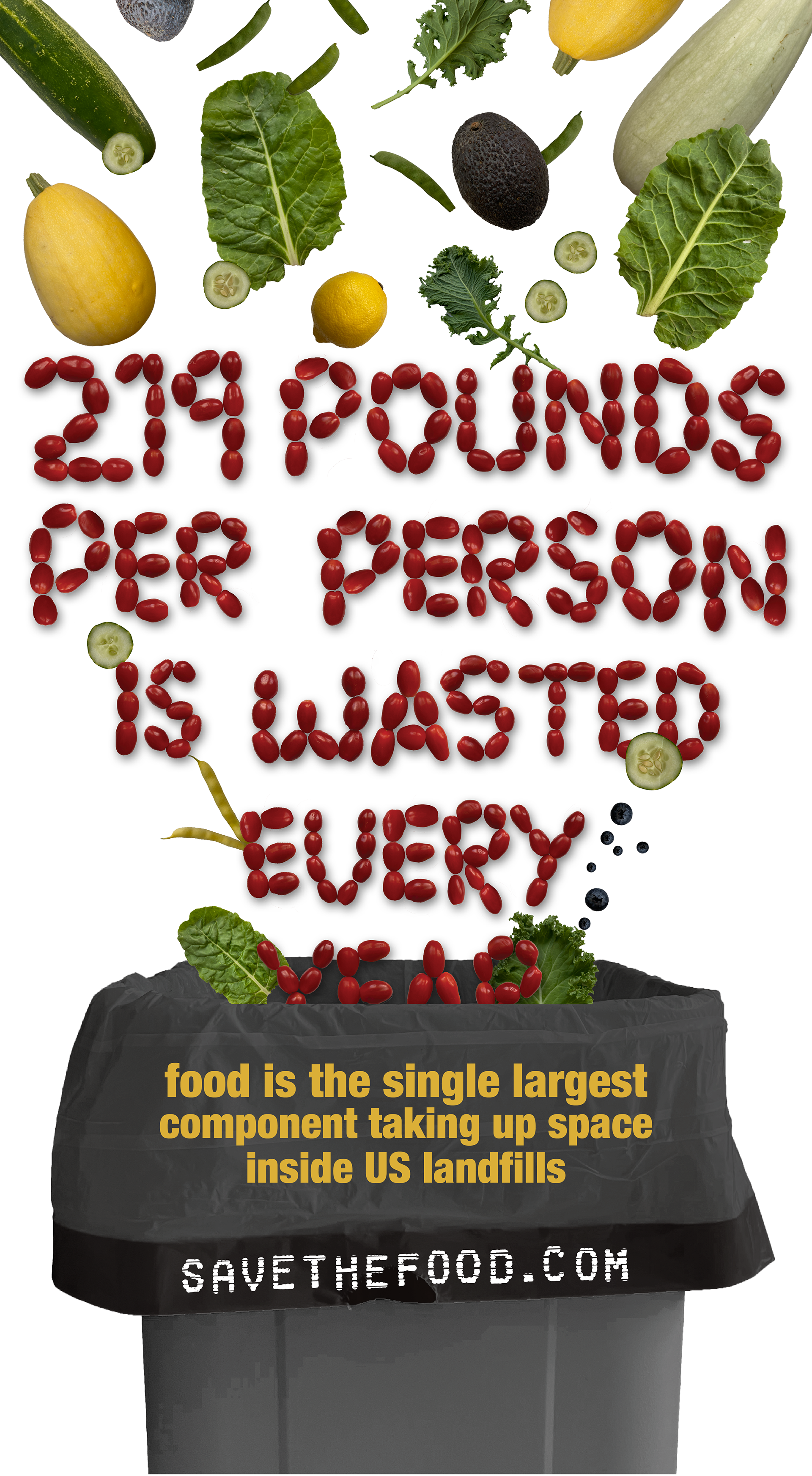 Poster design on food waste using tomatoes as the letter forms