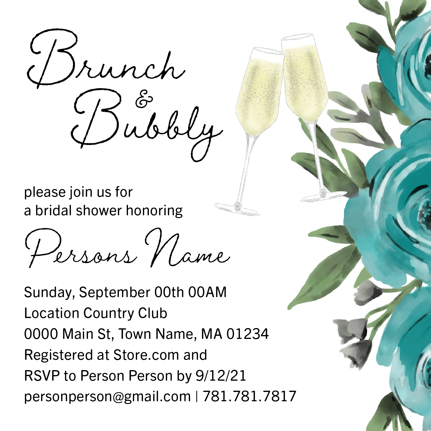 Wedding Shower invitation including watercolor flower design and 2 illustrated champagne glasses